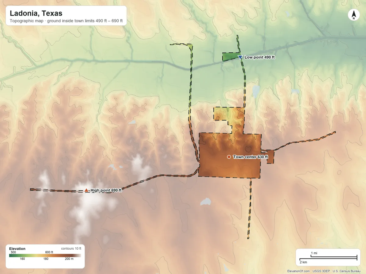 Topographic elevation map of Ladonia, Texas, shaded from 490 ft on the north side to 690 ft on the west side