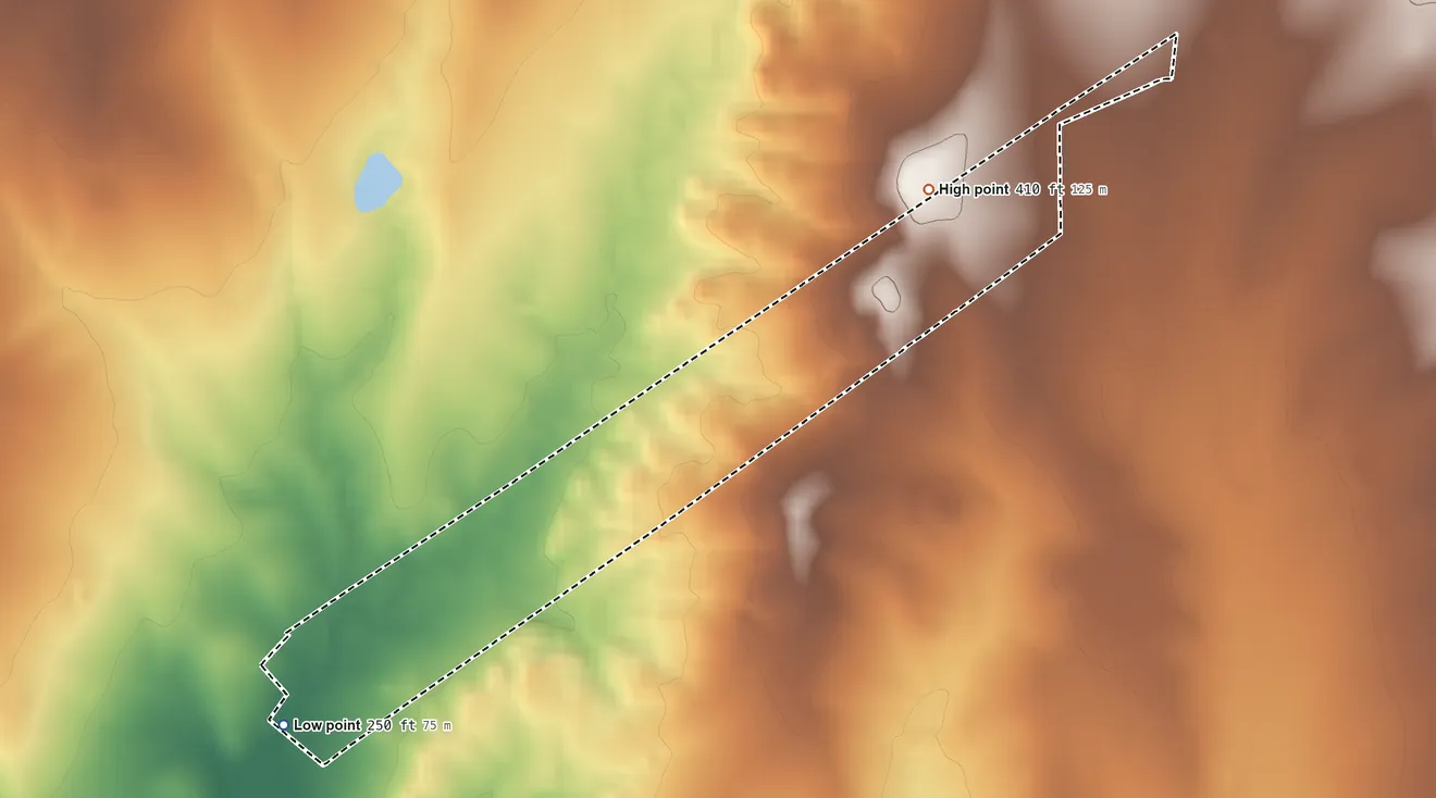 Topographic elevation map of Lago Vista, Starr County, Texas, shaded from 250 ft on the southwest side to 410 ft on the northeast side
