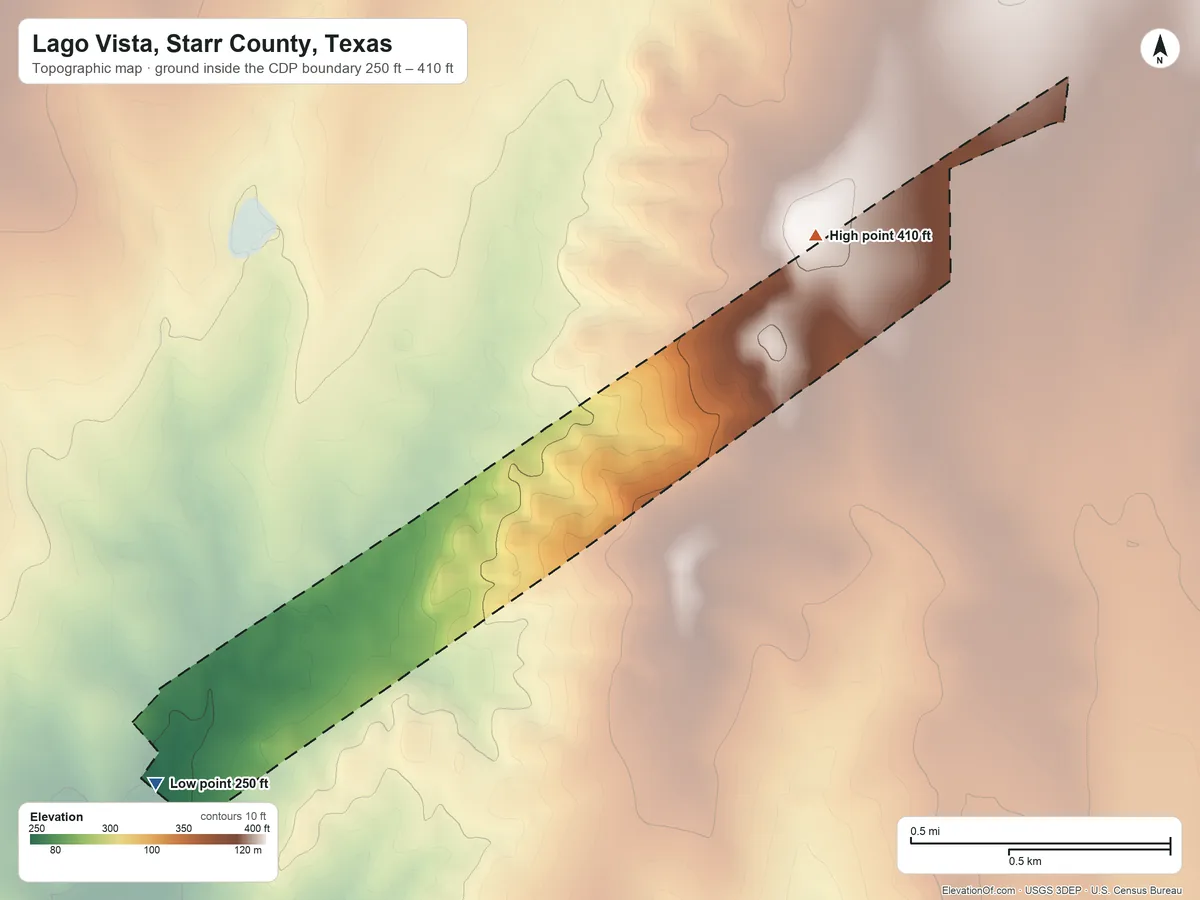 Topographic elevation map of Lago Vista, Starr County, Texas, shaded from 250 ft on the southwest side to 410 ft on the northeast side