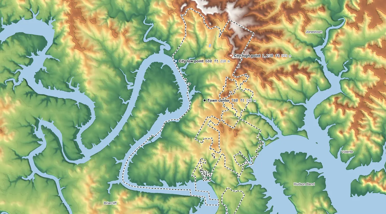Topographic elevation map of Lago Vista, Texas, shaded from 680 ft on the northwest side to 1,230 ft on the northeast side