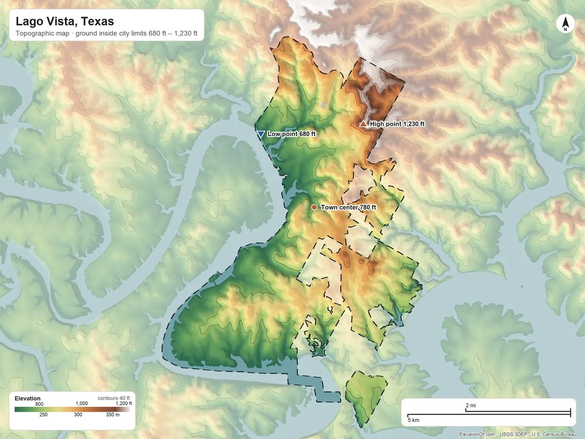Topographic elevation map of Lago Vista, Texas, shaded from 680 ft on the northwest side to 1,230 ft on the northeast side