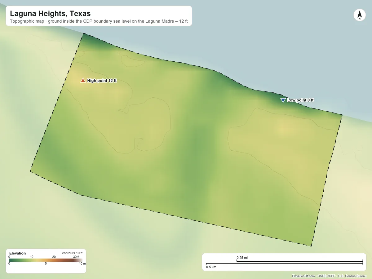 Topographic elevation map of Laguna Heights, Texas, shaded from sea level level on the Laguna Madre to 12 ft on the northwest side