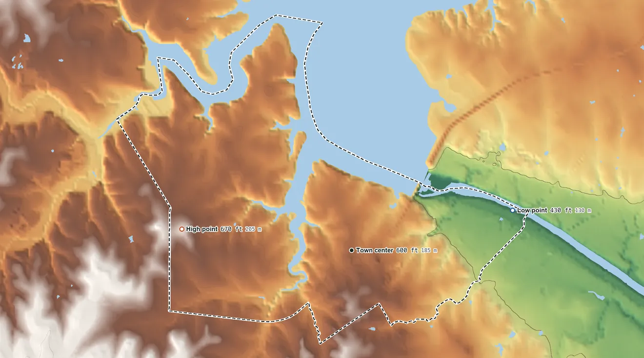 Topographic elevation map of Laguna Park, Texas, shaded from 430 ft on the east side to 670 ft on the west side