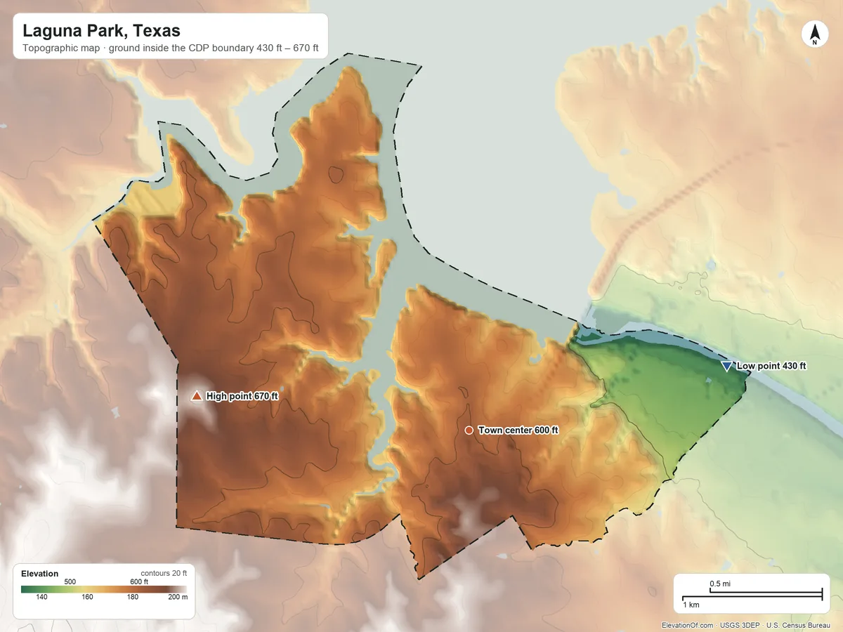 Topographic elevation map of Laguna Park, Texas, shaded from 430 ft on the east side to 670 ft on the west side