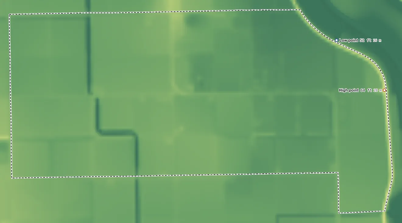 Topographic elevation map of Laguna Seca, Texas, shaded from 52 ft on the east side to 64 ft on the east side