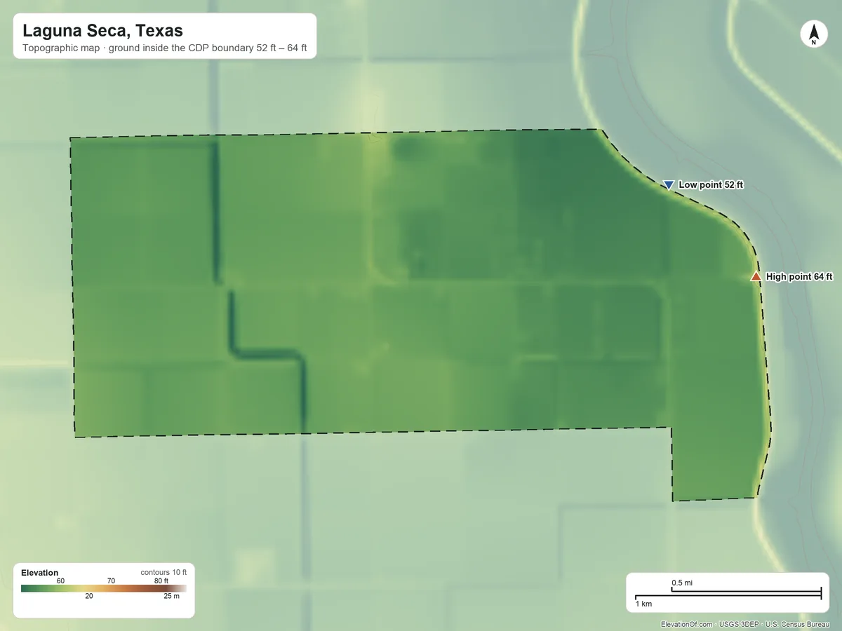 Topographic elevation map of Laguna Seca, Texas, shaded from 52 ft on the east side to 64 ft on the east side