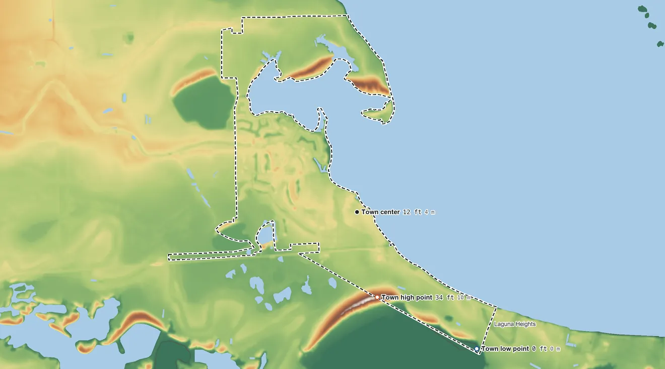 Topographic elevation map of Laguna Vista, Texas, shaded from sea level level on the Laguna Madre to 34 ft on La Atravezada