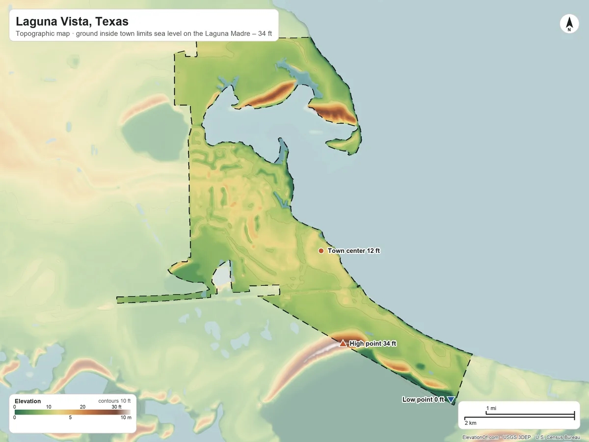Topographic elevation map of Laguna Vista, Texas, shaded from sea level level on the Laguna Madre to 34 ft on La Atravezada