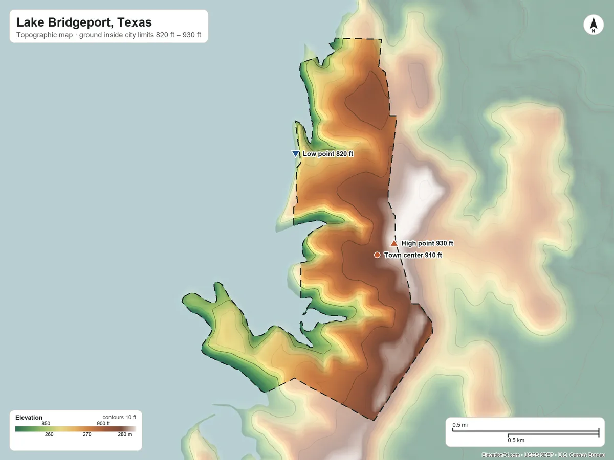 Topographic elevation map of Lake Bridgeport, Texas, shaded from 820 ft on the northwest side to 930 ft near the middle