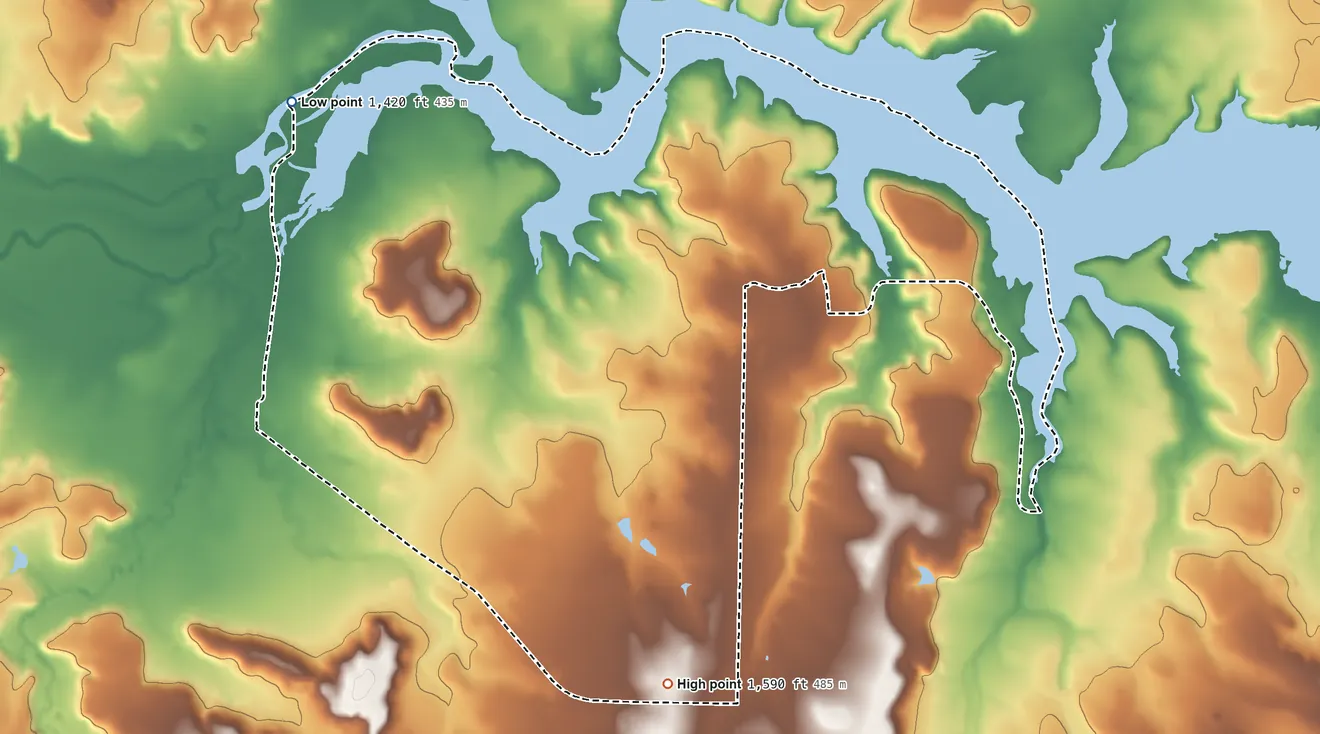 Topographic elevation map of Lake Brownwood, Texas, shaded from 1,420 ft on the northwest side to 1,590 ft on the south side