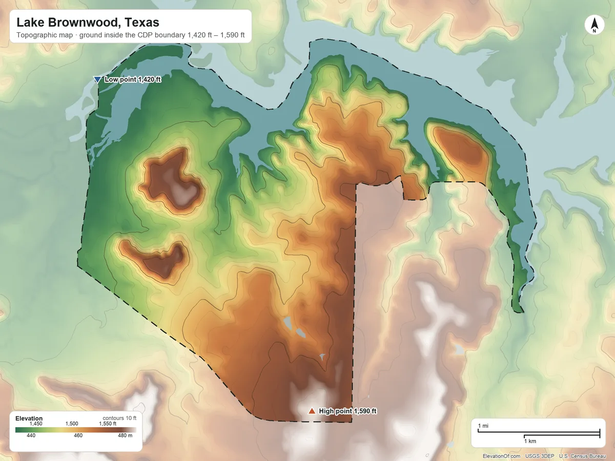 Topographic elevation map of Lake Brownwood, Texas, shaded from 1,420 ft on the northwest side to 1,590 ft on the south side