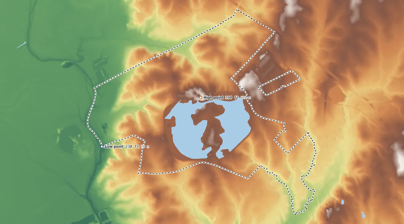 Topographic elevation map of Lake Bryan, Texas, shaded from 230 ft on the southwest side to 390 ft near the middle