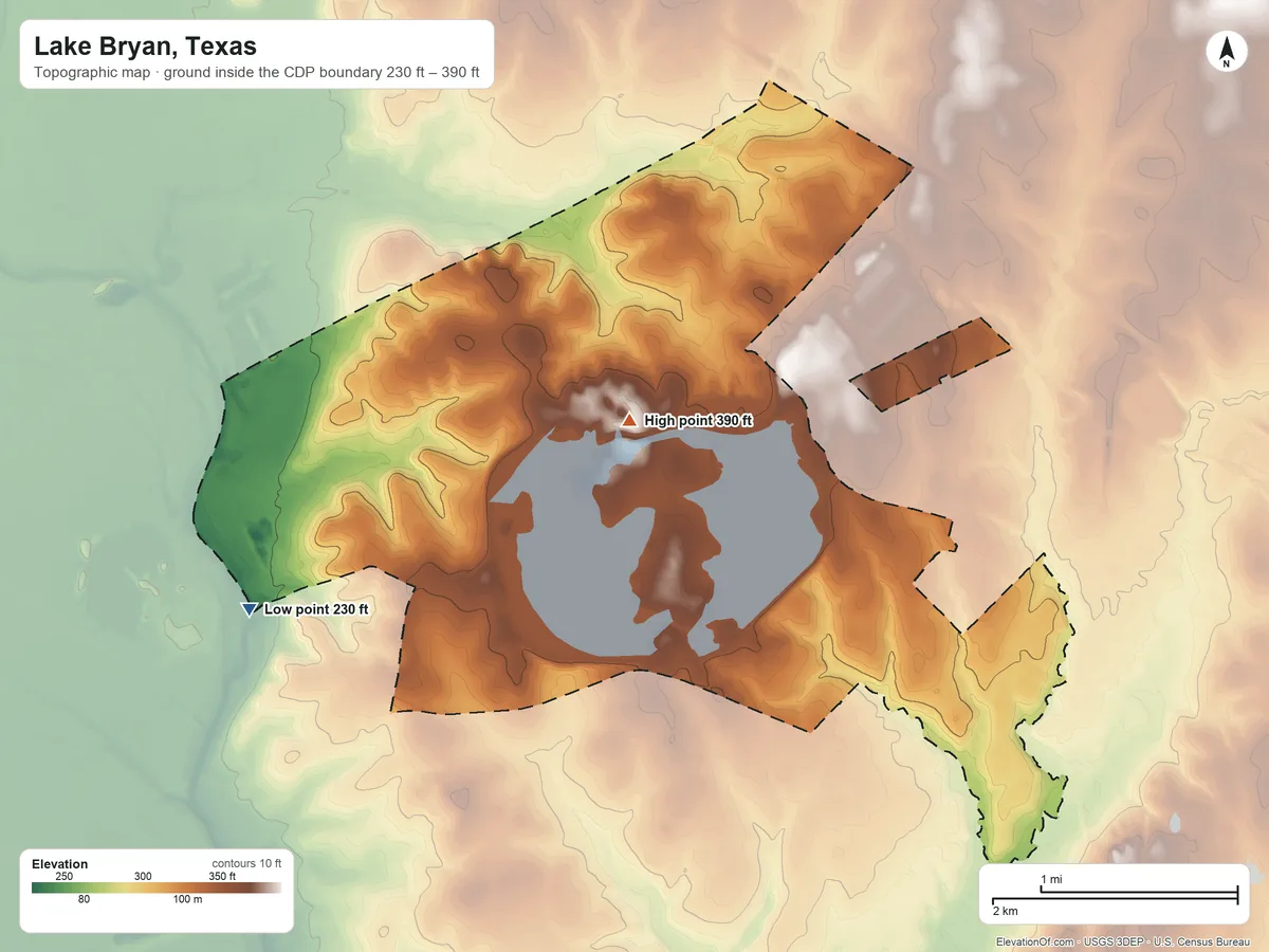 Topographic elevation map of Lake Bryan, Texas, shaded from 230 ft on the southwest side to 390 ft near the middle