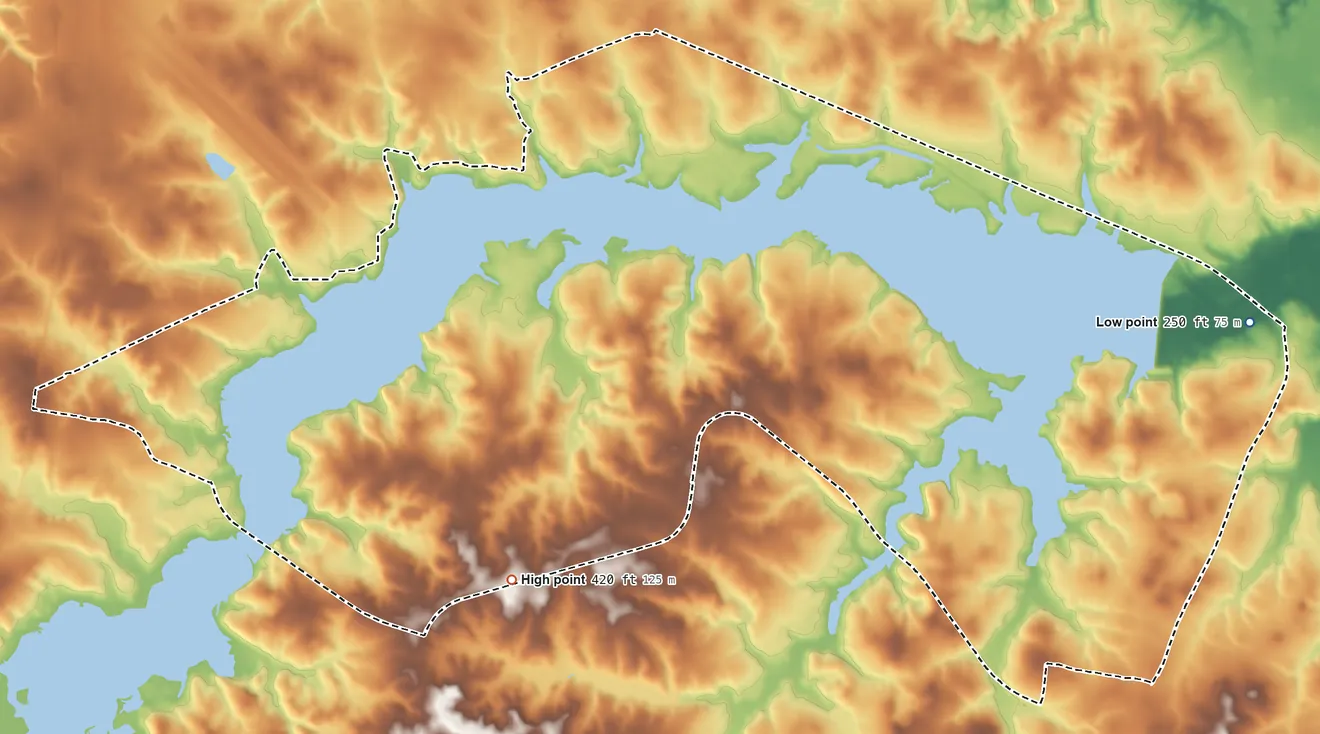 Topographic elevation map of Lake Cherokee, Texas, shaded from 250 ft on the east side to 420 ft on the south side