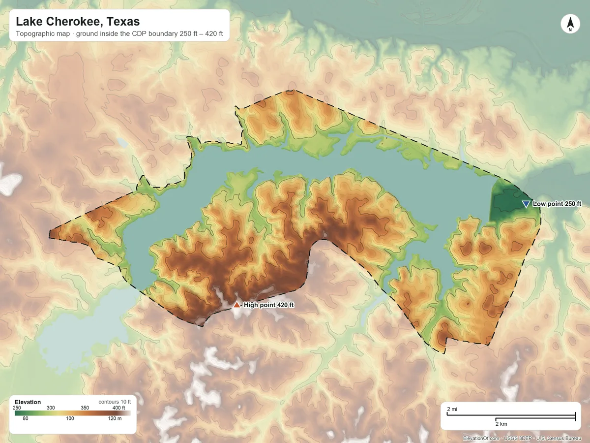 Topographic elevation map of Lake Cherokee, Texas, shaded from 250 ft on the east side to 420 ft on the south side