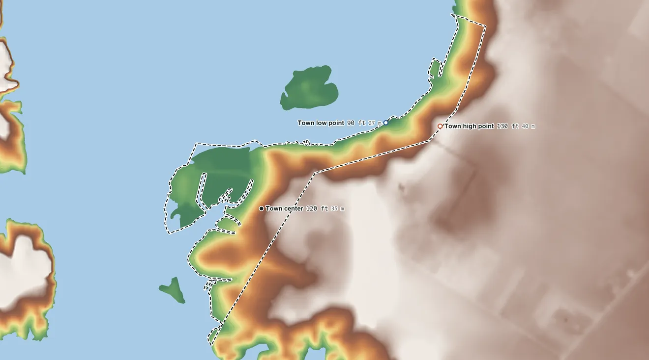 Topographic elevation map of Lake City, Texas, shaded from 90 ft on the northeast side to 130 ft on the northeast side