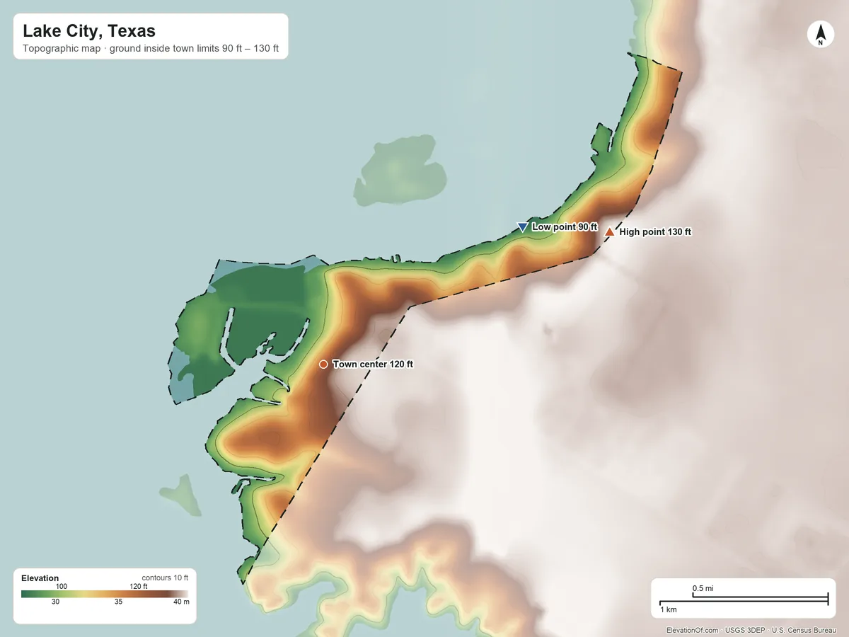Topographic elevation map of Lake City, Texas, shaded from 90 ft on the northeast side to 130 ft on the northeast side