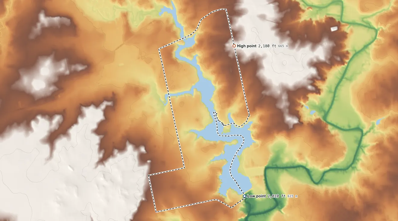Topographic elevation map of Lake Colorado City, Texas, shaded from 2,010 ft on the southeast side to 2,180 ft on the northeast side