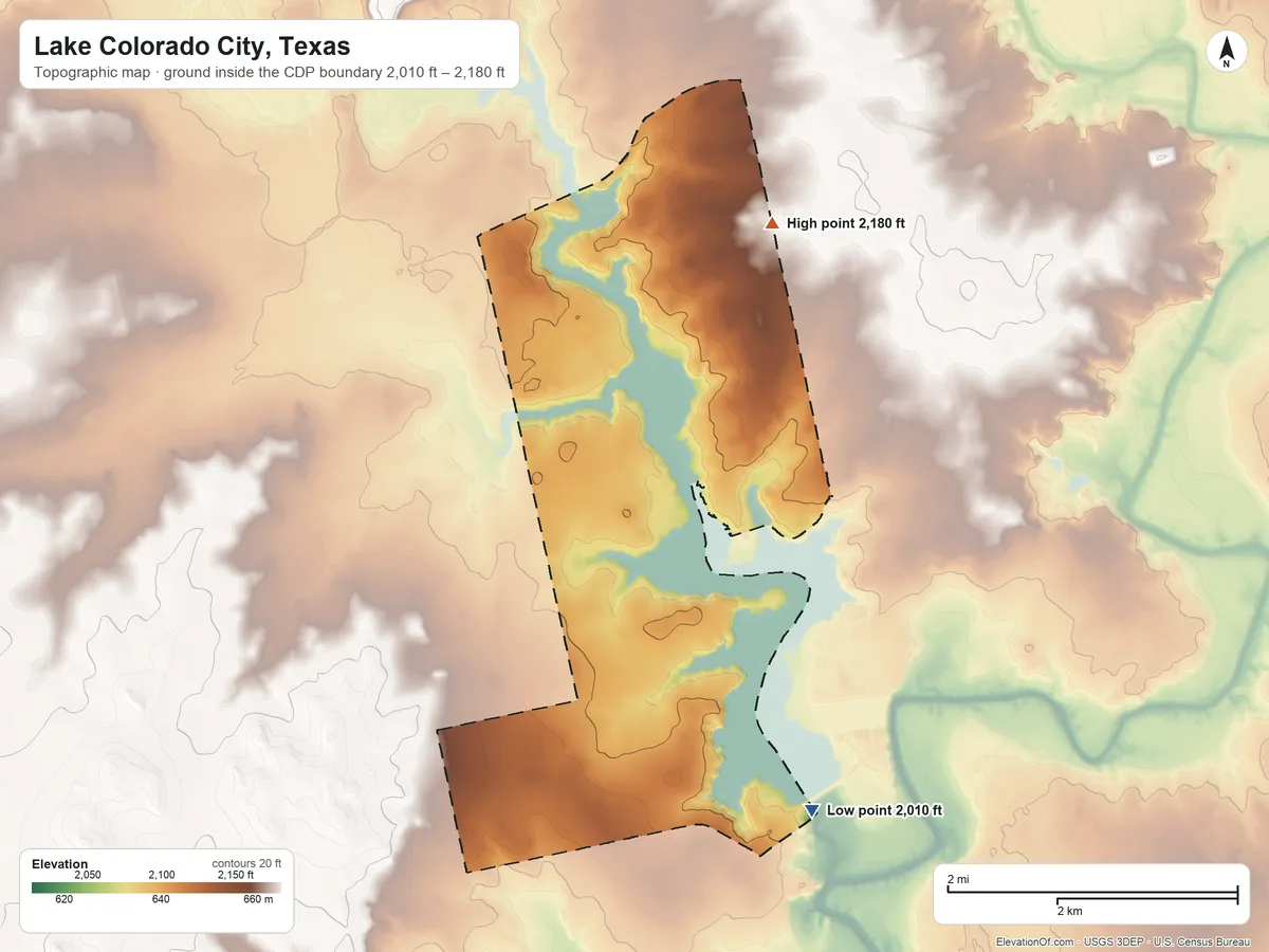 Topographic elevation map of Lake Colorado City, Texas, shaded from 2,010 ft on the southeast side to 2,180 ft on the northeast side