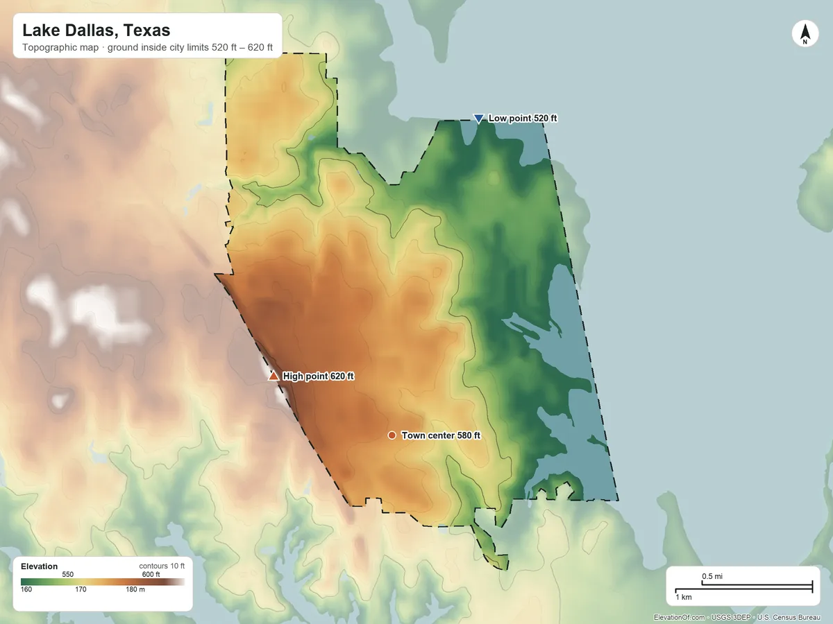 Topographic elevation map of Lake Dallas, Texas, shaded from 520 ft on the north side to 620 ft on the northwest side