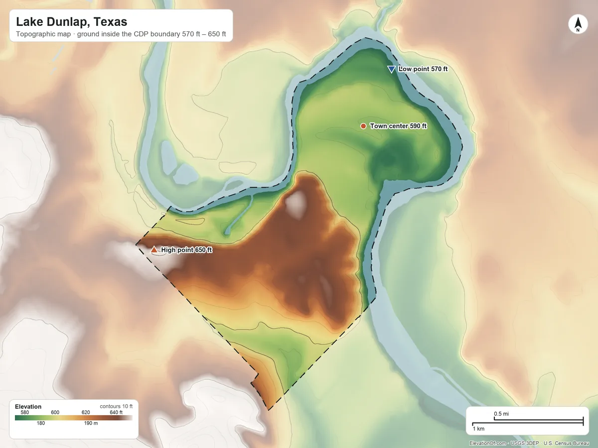 Topographic elevation map of Lake Dunlap, Texas, shaded from 570 ft on the northeast side to 650 ft on the southwest side