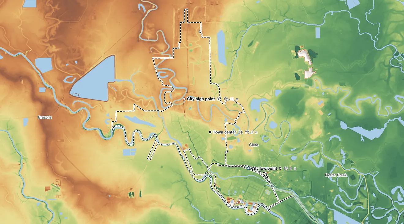 Topographic elevation map of Lake Jackson, Texas, shaded from 0 ft on the southeast side to 37 ft on the northwest side