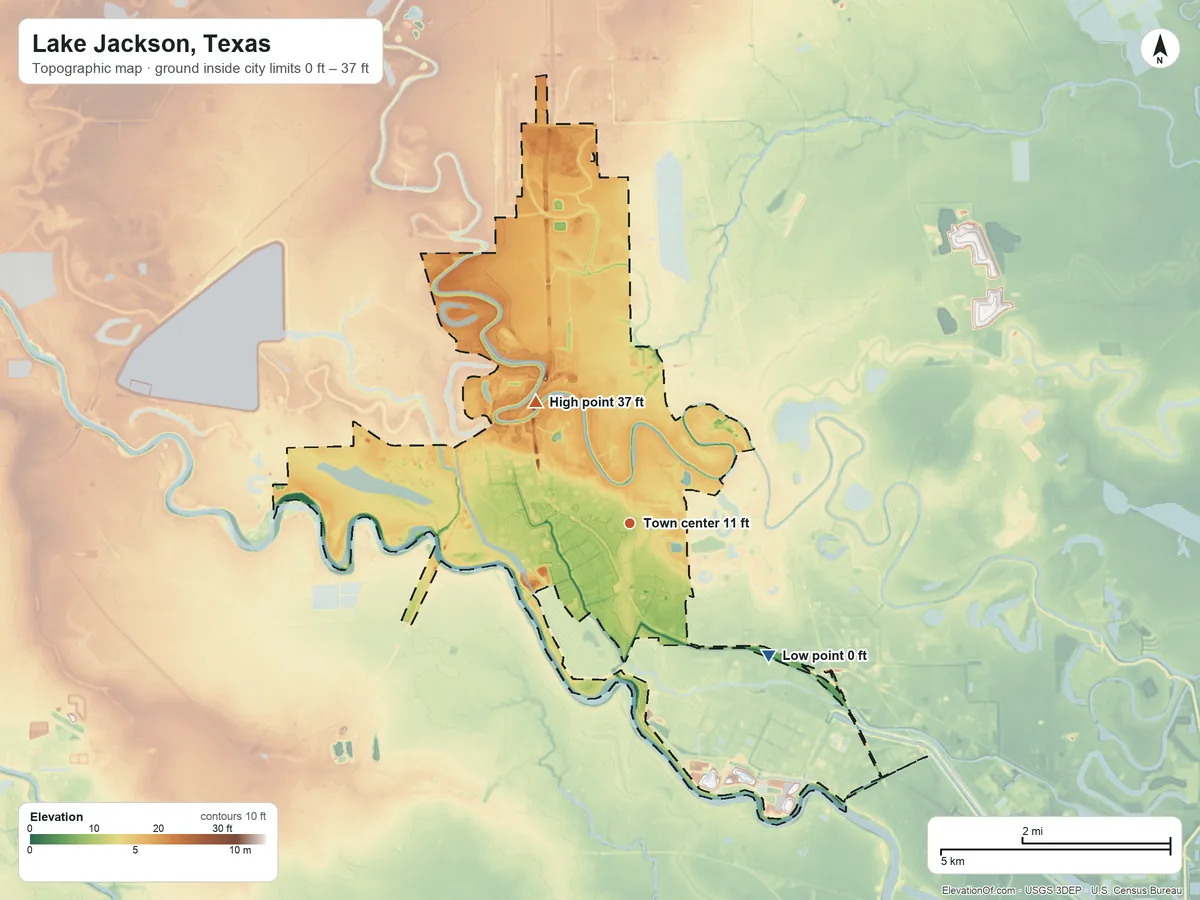 Topographic elevation map of Lake Jackson, Texas, shaded from 0 ft on the southeast side to 37 ft on the northwest side