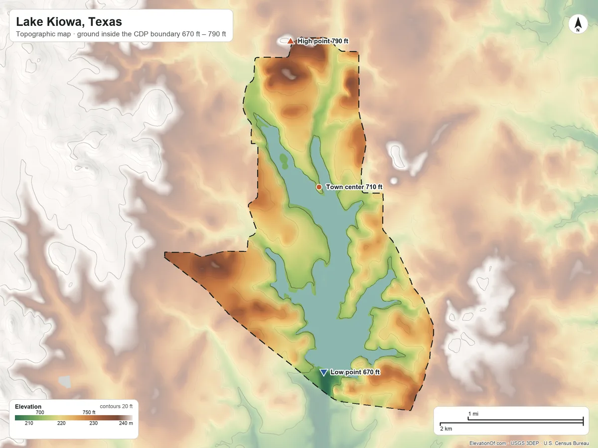 Topographic elevation map of Lake Kiowa, Texas, shaded from 670 ft on the south side to 790 ft on the north side