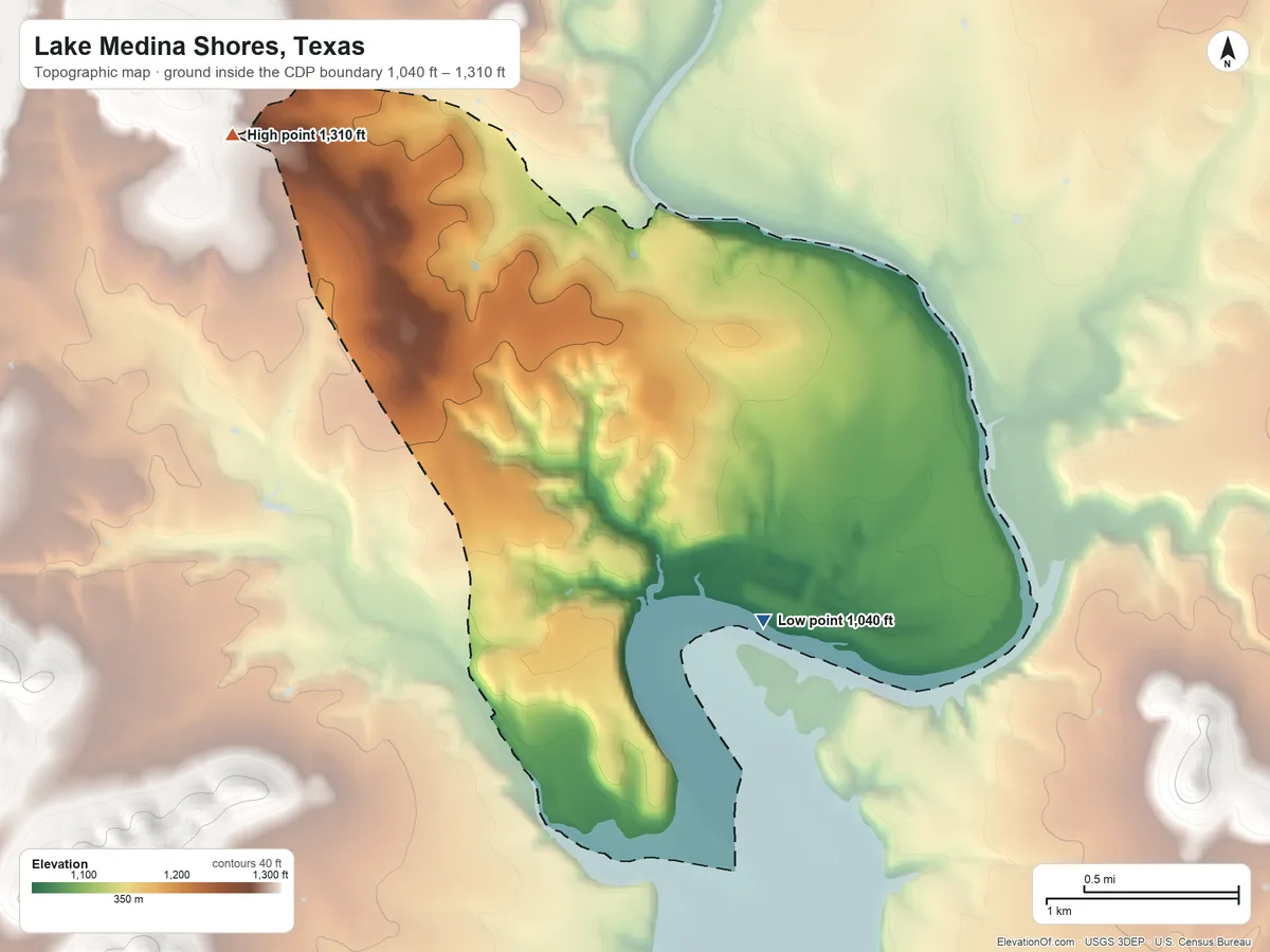 Topographic elevation map of Lake Medina Shores, Texas, shaded from 1,040 ft on the southeast side to 1,310 ft on the northwest edge, below higher ground just outside