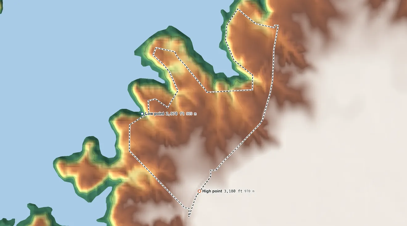 Topographic elevation map of Lake Meredith Estates, Texas, shaded from 2,970 ft on the west side to 3,180 ft on the south side