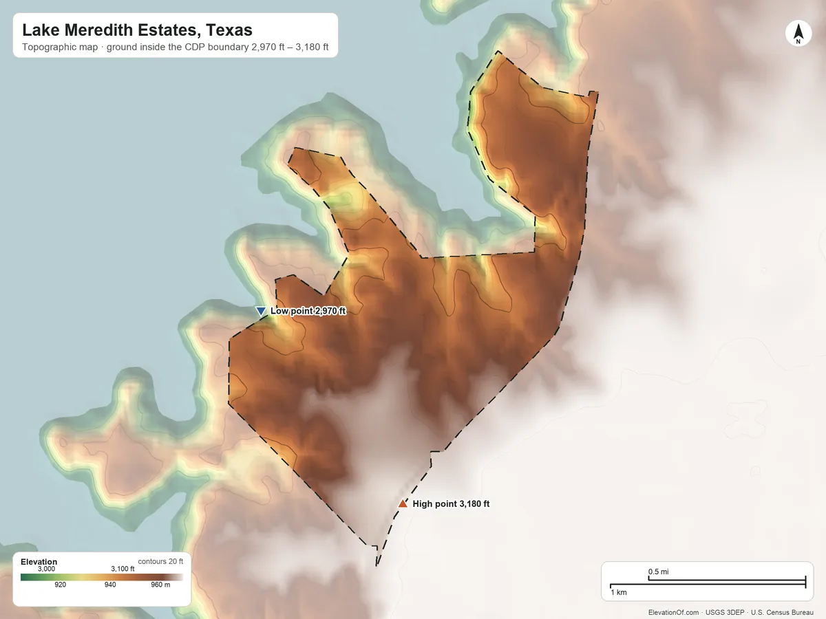 Topographic elevation map of Lake Meredith Estates, Texas, shaded from 2,970 ft on the west side to 3,180 ft on the south side