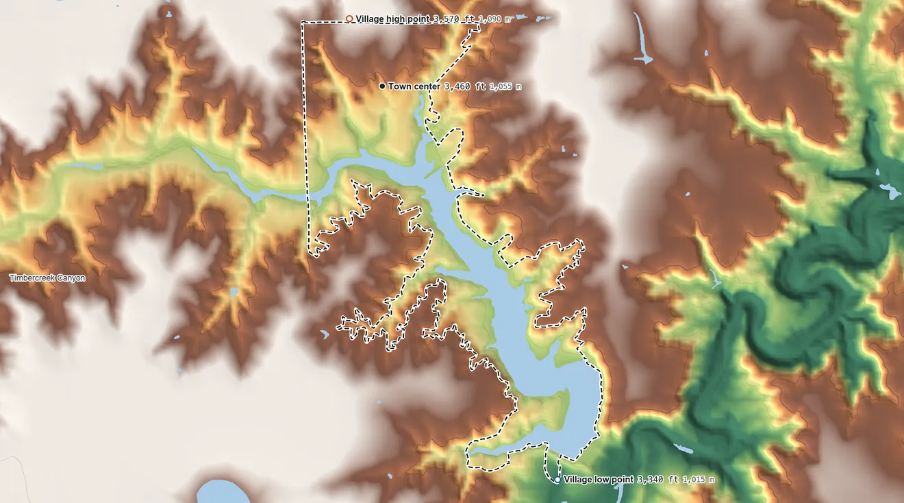 Topographic elevation map of Lake Tanglewood, Texas, shaded from 3,340 ft on the southeast side to 3,570 ft on the northwest side