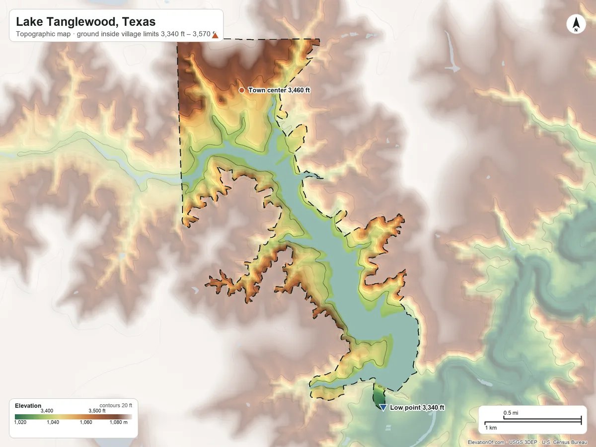 Topographic elevation map of Lake Tanglewood, Texas, shaded from 3,340 ft on the southeast side to 3,570 ft on the northwest side