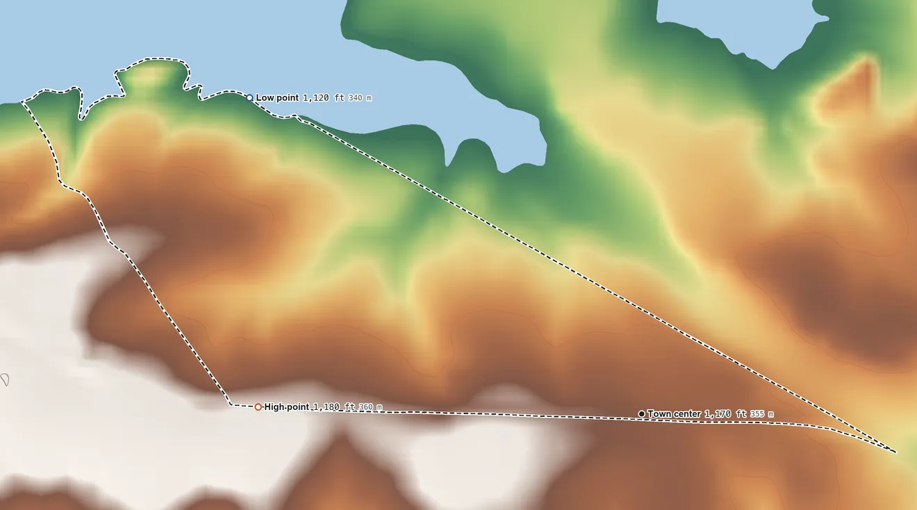 Topographic elevation map of Lake View, Texas, shaded from 1,120 ft on the northwest side to 1,180 ft on the west side