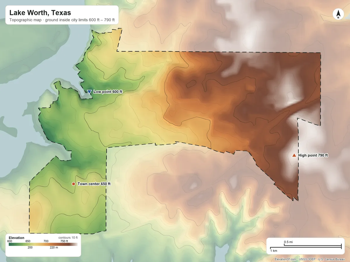 Topographic elevation map of Lake Worth, Texas, shaded from 600 ft on the north side to 790 ft on the east side