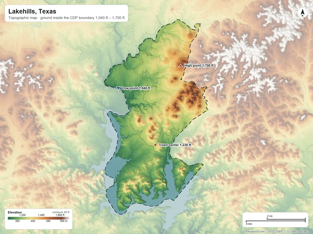 Topographic elevation map of Lakehills, Texas, shaded from 1,040 ft on the northwest side to 1,700 ft on Smoothing Iron Mountain