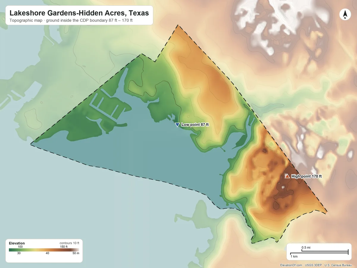 Topographic elevation map of Lakeshore Gardens-Hidden Acres, Texas, shaded from 87 ft near the middle to 170 ft on the southeast edge, below higher ground just outside