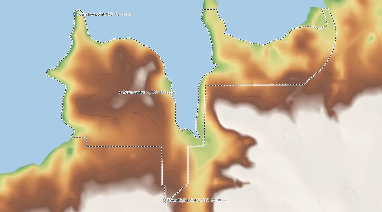Topographic elevation map of Lakeside City, Texas, shaded from 970 ft on the northwest side to 1,010 ft on the south side