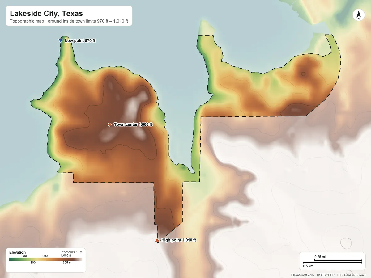 Topographic elevation map of Lakeside City, Texas, shaded from 970 ft on the northwest side to 1,010 ft on the south side
