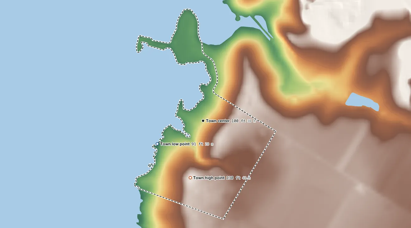 Topographic elevation map of Lakeside, San Patricio County, Texas, shaded from 91 ft on the southwest side to 130 ft on the south side