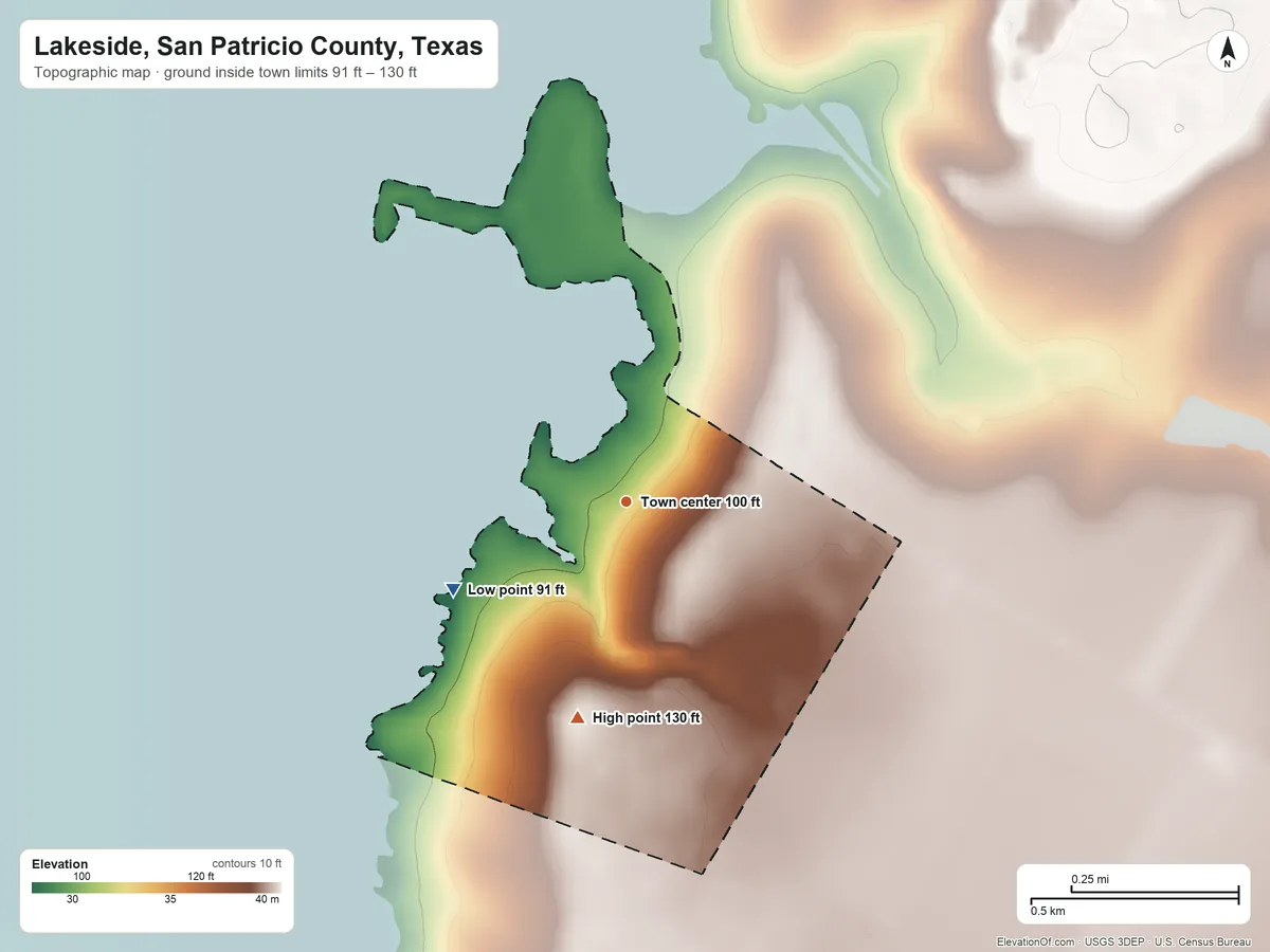 Topographic elevation map of Lakeside, San Patricio County, Texas, shaded from 91 ft on the southwest side to 130 ft on the south side