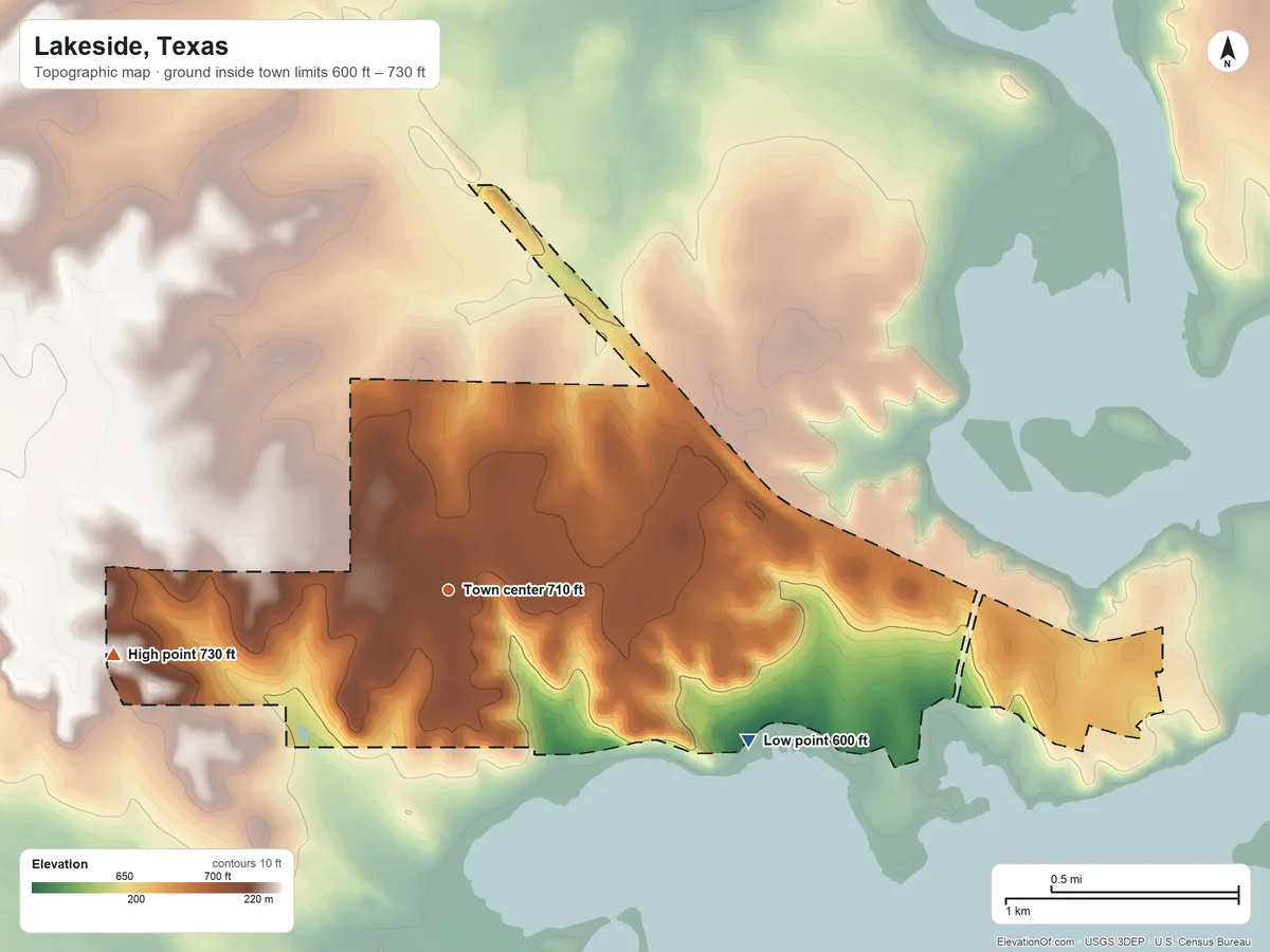 Topographic elevation map of Lakeside, Texas, shaded from 600 ft on the southeast side to 730 ft on the west side