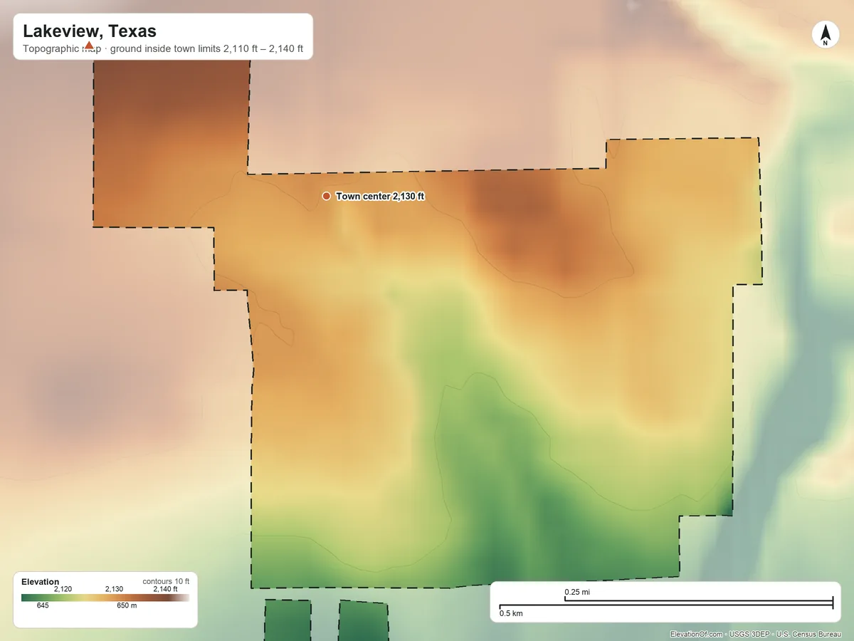 Topographic elevation map of Lakeview, Texas, shaded from 2,110 ft on the south side to 2,140 ft on the northwest side