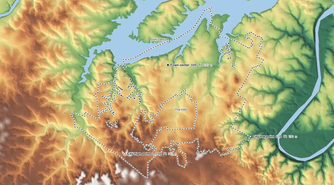 Topographic elevation map of Lakeway, Texas, shaded from 620 ft on the southeast side to 1,190 ft on the southwest side