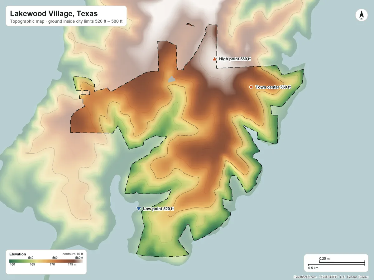 Topographic elevation map of Lakewood Village, Texas, shaded from 520 ft on the southwest side to 580 ft on the northwest side
