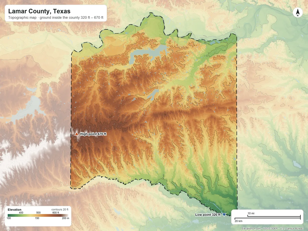 Topographic elevation map of Lamar County, Texas, shaded from 320 ft on the southeast side to 670 ft on the west side