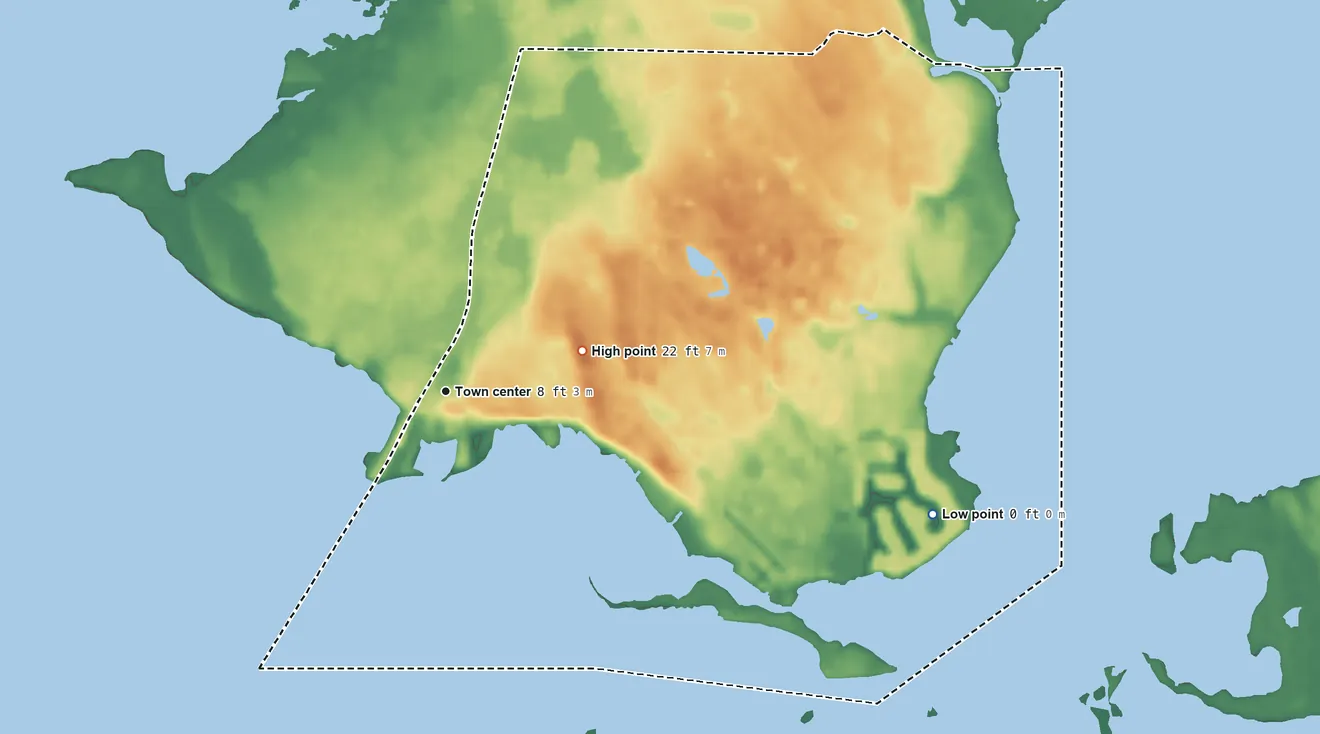 Topographic elevation map of Lamar, Texas, shaded from sea level level on St. Charles Bay to 22 ft on the east side