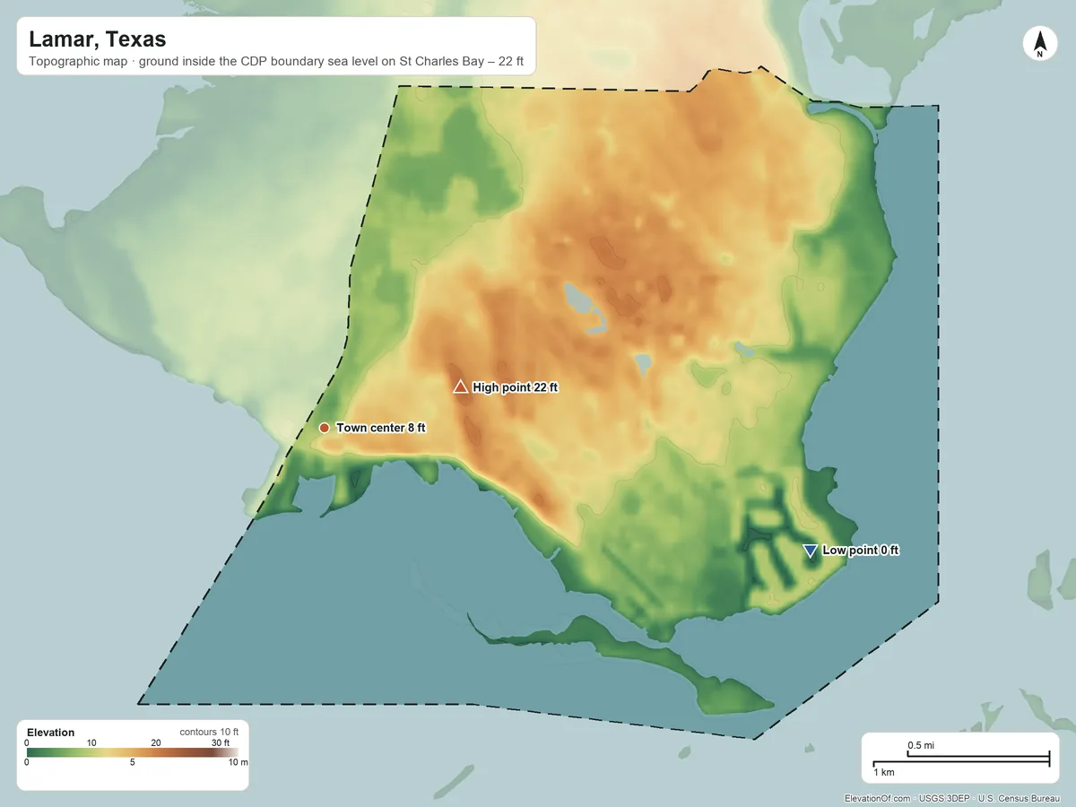 Topographic elevation map of Lamar, Texas, shaded from sea level level on St. Charles Bay to 22 ft on the east side