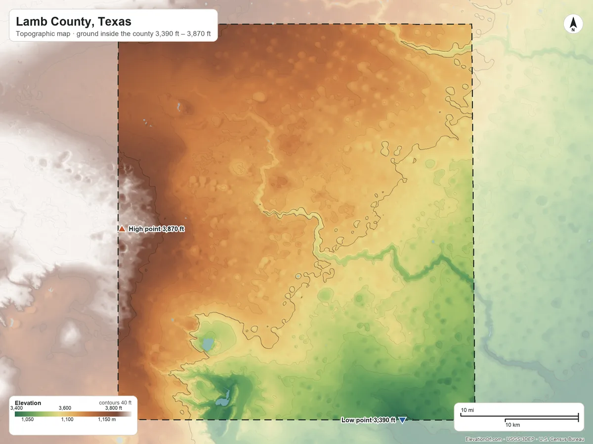 Topographic elevation map of Lamb County, Texas, shaded from 3,390 ft on the southeast side to 3,870 ft on the west side