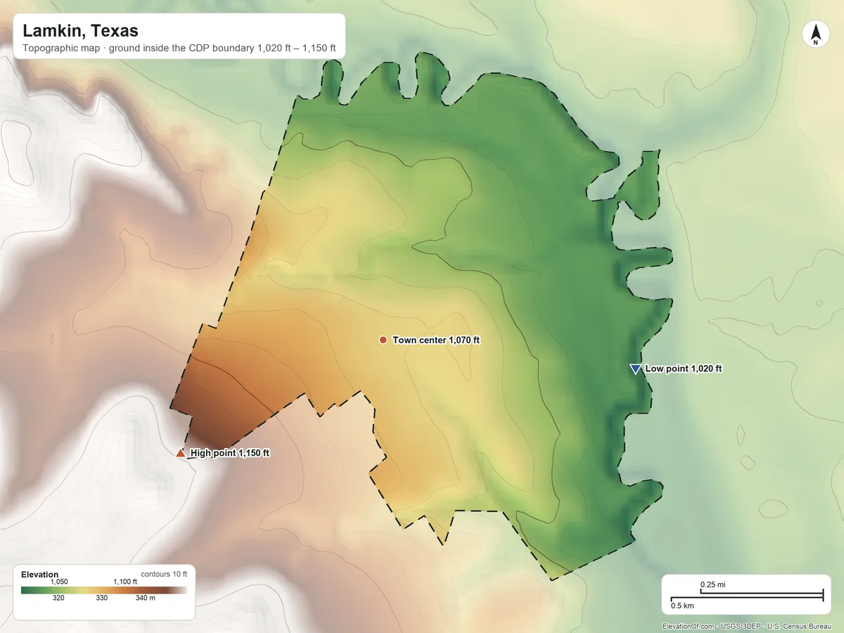 Topographic elevation map of Lamkin, Texas, shaded from 1,020 ft on the east side to 1,150 ft on the southwest side